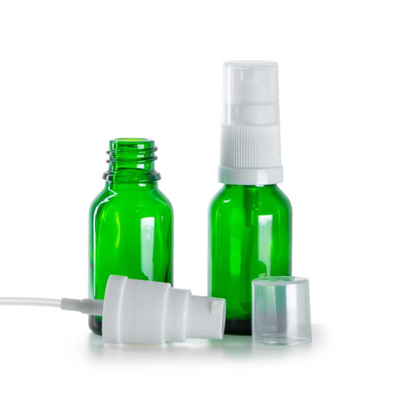 Botella de vidrio, verde, dispensador blanco, 15 ml