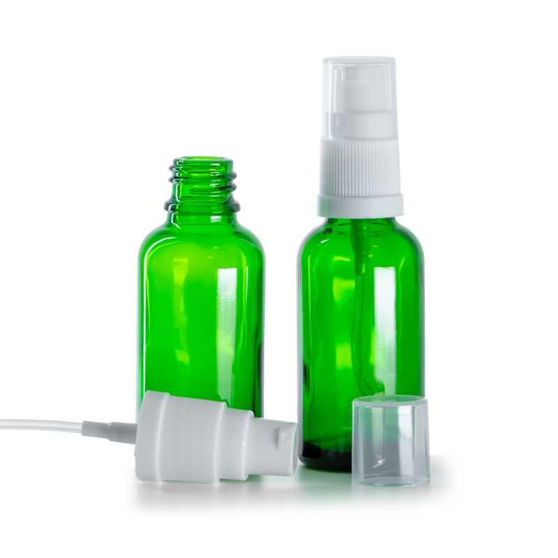 Botella de vidrio, verde, dispensador de loción blanco, 30 ml