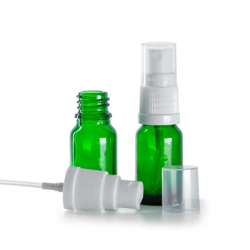 Botella de vidrio, verde, pulverizador blanco, 10 ml