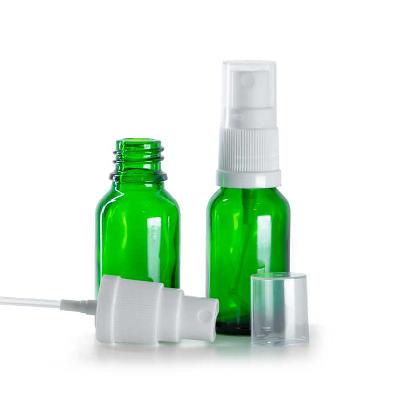 Botella de vidrio, verde, pulverizador blanco, 15 ml