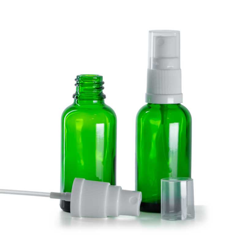 Frasco de vidrio, verde, pulverizador blanco, 30 ml