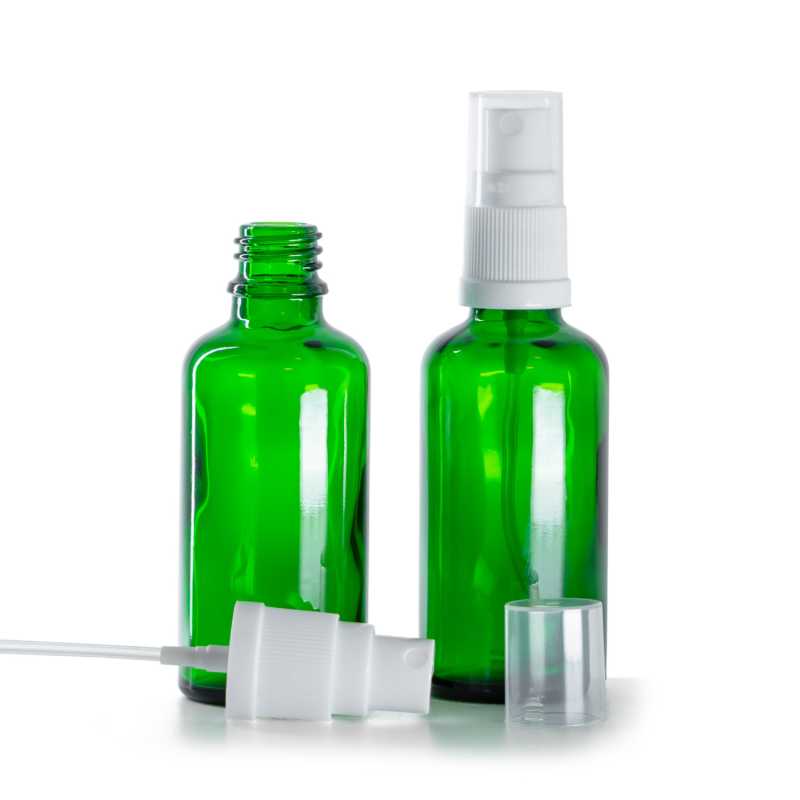 Frasco de vidrio, verde, pulverizador blanco, 50 ml