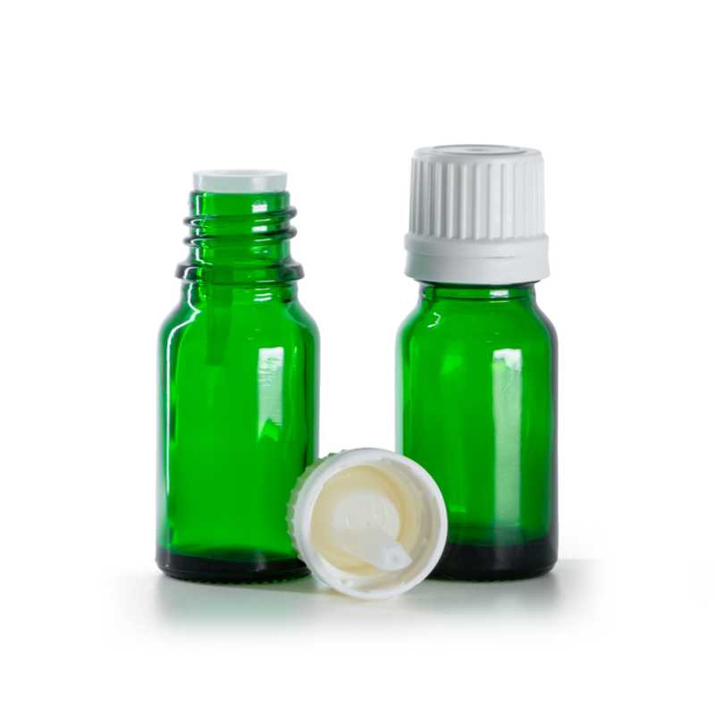 Frasco de vidrio verde, cuentagotas blanco, 10 ml