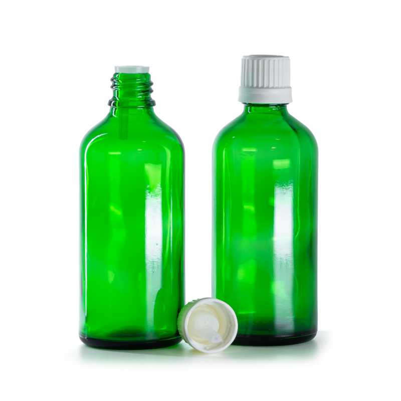 Frasco de vidrio verde, tapón blanco con cuentagotas, 100 ml