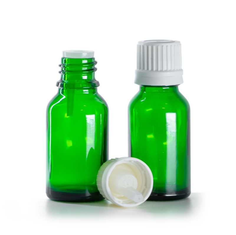 Frasco de vidrio verde, tapón blanco con cuentagotas interior, 15 ml