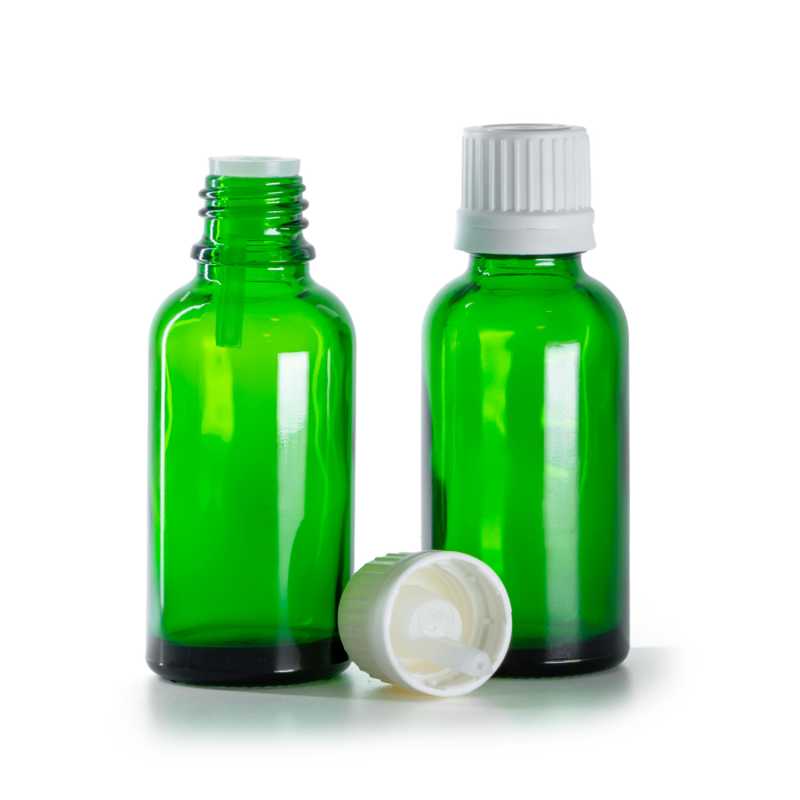 Frasco de vidrio verde, tapón blanco con cuentagotas interior, 30 ml