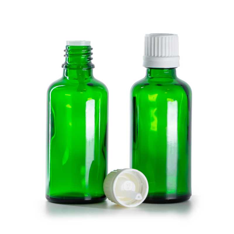Frasco de vidrio verde, tapón blanco con cuentagotas, 50 ml