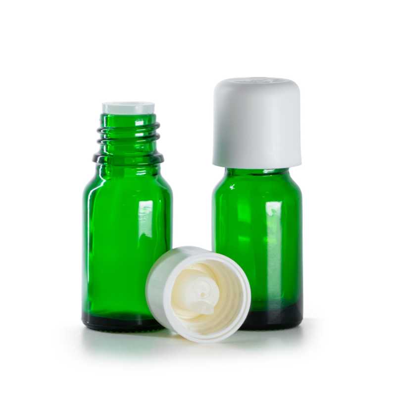 Botella de vidrio, verde, tapón de seguridad blanco con cuentagotas, 10 ml