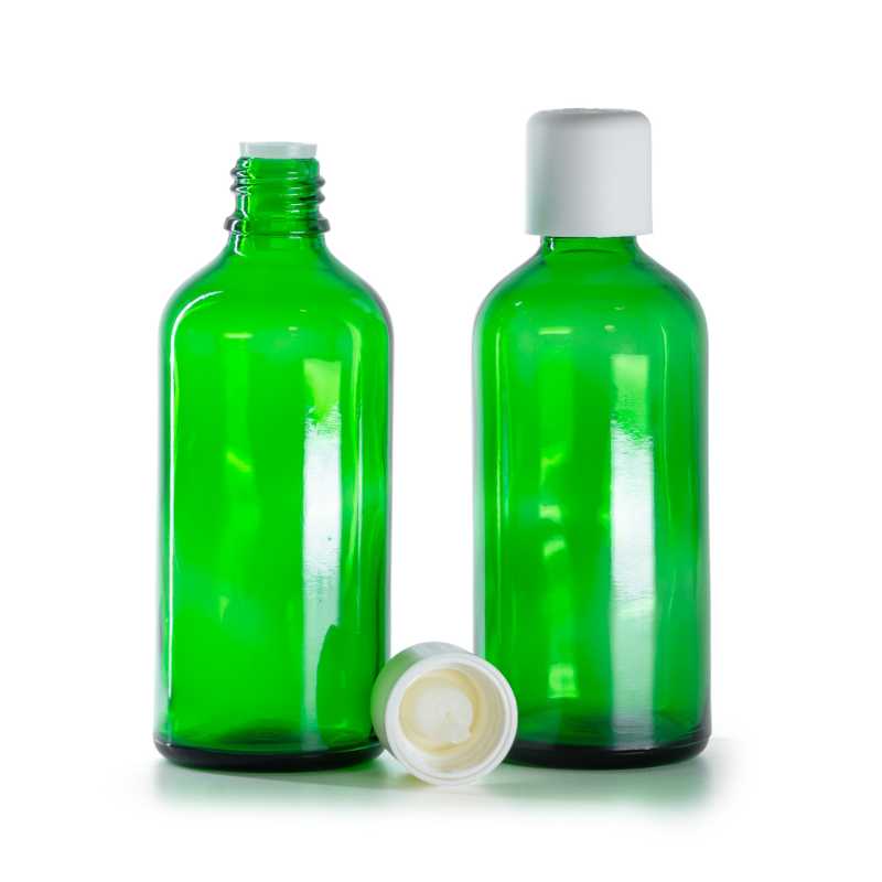 Frasco de vidrio, gotero, verde, tapón de seguridad blanco, 100 ml
