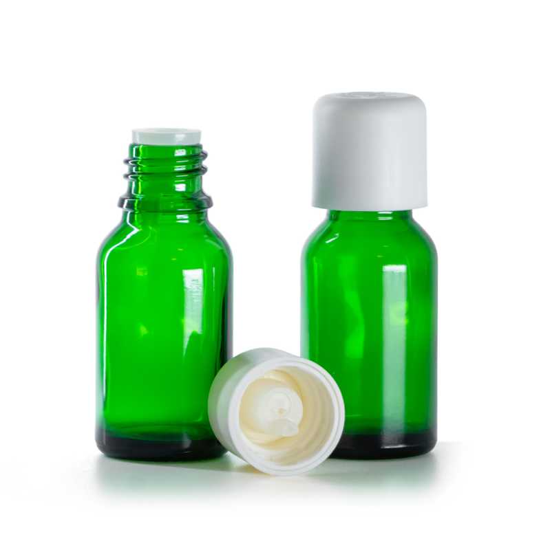 Botella de vidrio, verde, tapón dispensador de seguridad blanco, 15 ml