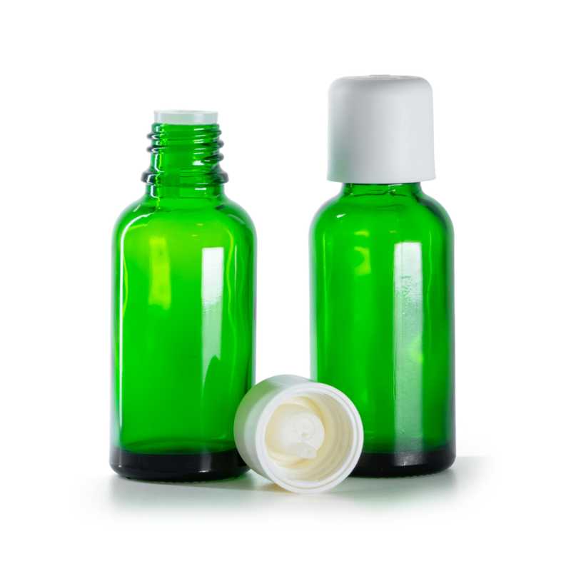 Frasco de vidrio, verde, tapón de seguridad blanco con cuentagotas, 30 ml