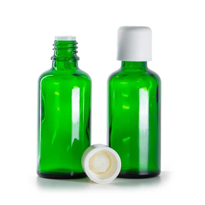 Botella de vidrio, verde, tapón de seguridad blanco con cuentagotas, 50 ml