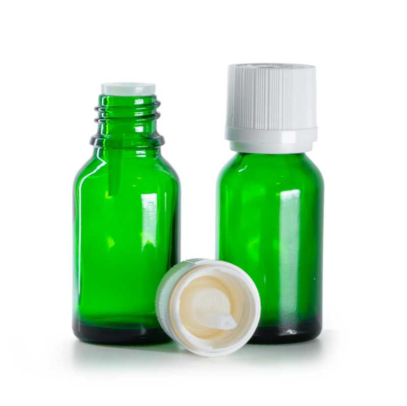Botella de vidrio, verde, tapón de seguridad inviolable blanco con cuentagotas, 15 ml
