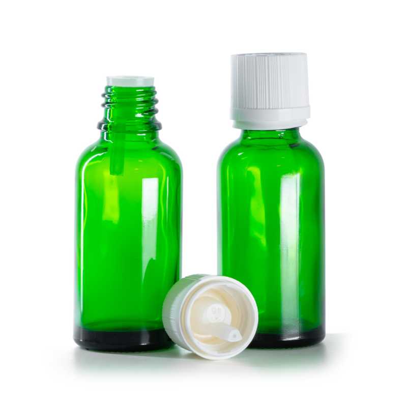 Botella de vidrio, verde, tapón de seguridad con cuentagotas, 30 ml