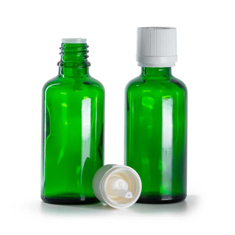 Botella de vidrio, gotero, verde, tapón de seguridad inviolable blanco, 50 ml