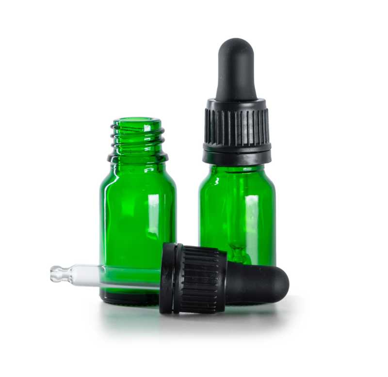 Frasco de vidrio, verde, cuentagotas antidetección de manipulación negro, 10 ml