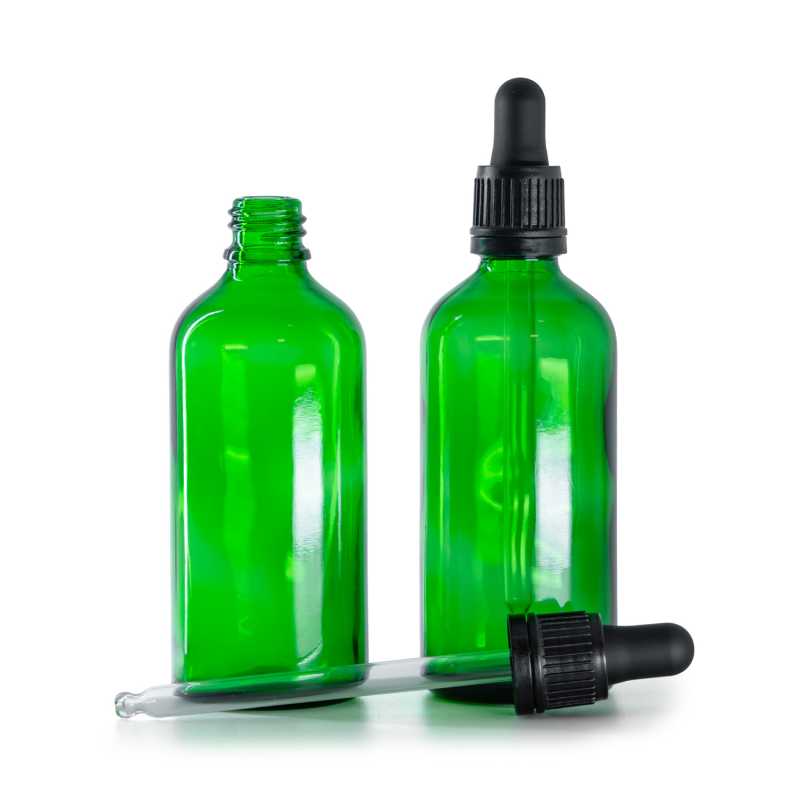 Botella de vidrio, verde, cuentagotas negro, 100 ml