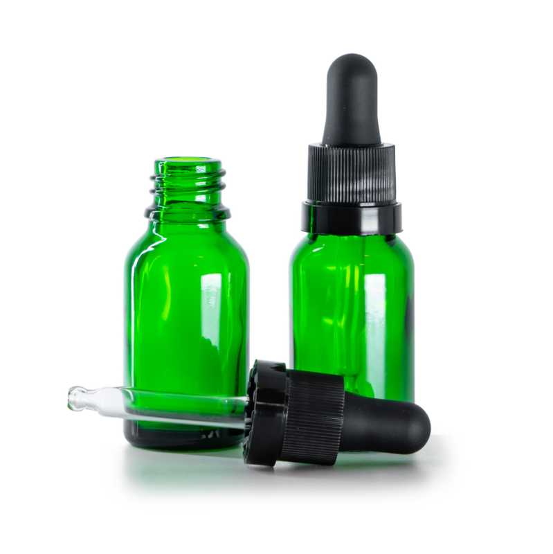 Frasco de vidrio, verde, cuentagotas negro mate con anillo brillante, 15 ml