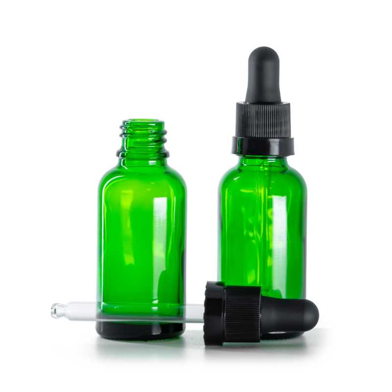 Frasco de vidrio, verde, cuentagotas negro mate con aro brillante, 30 ml