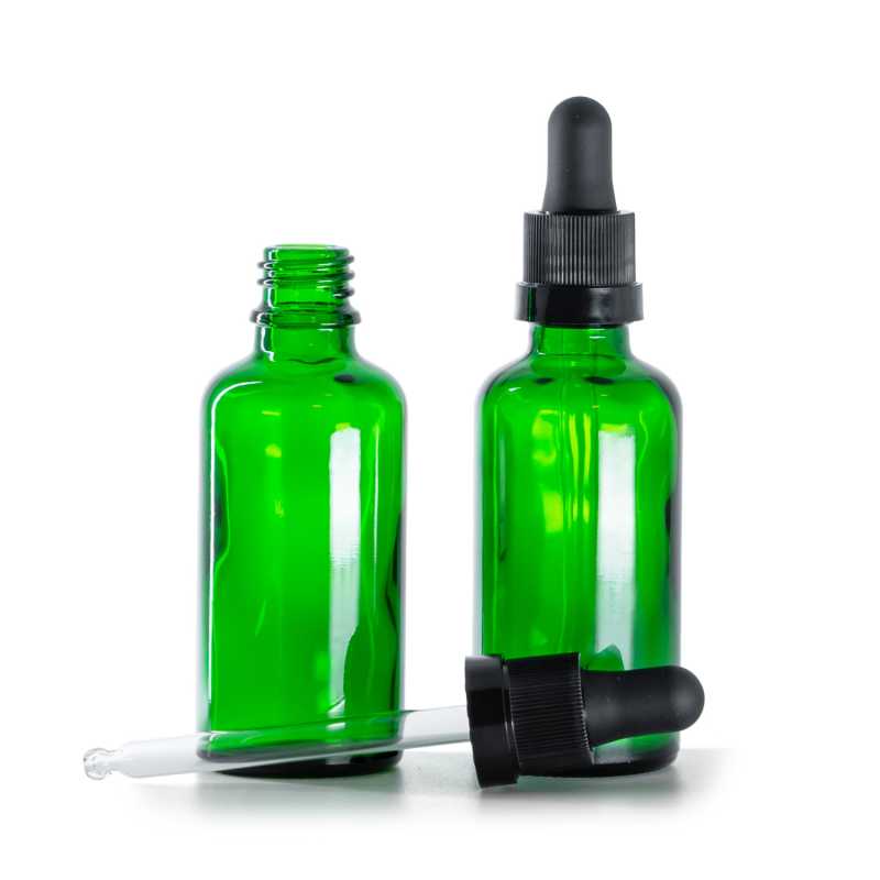 Botella de vidrio, verde, cuentagotas negro mate con anillo brillante, 50 ml