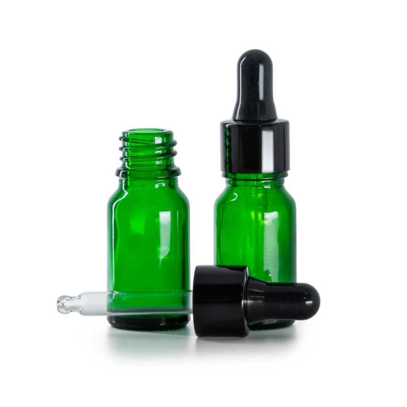 Botella de vidrio, verde, cuentagotas negro brillante, 10 ml
