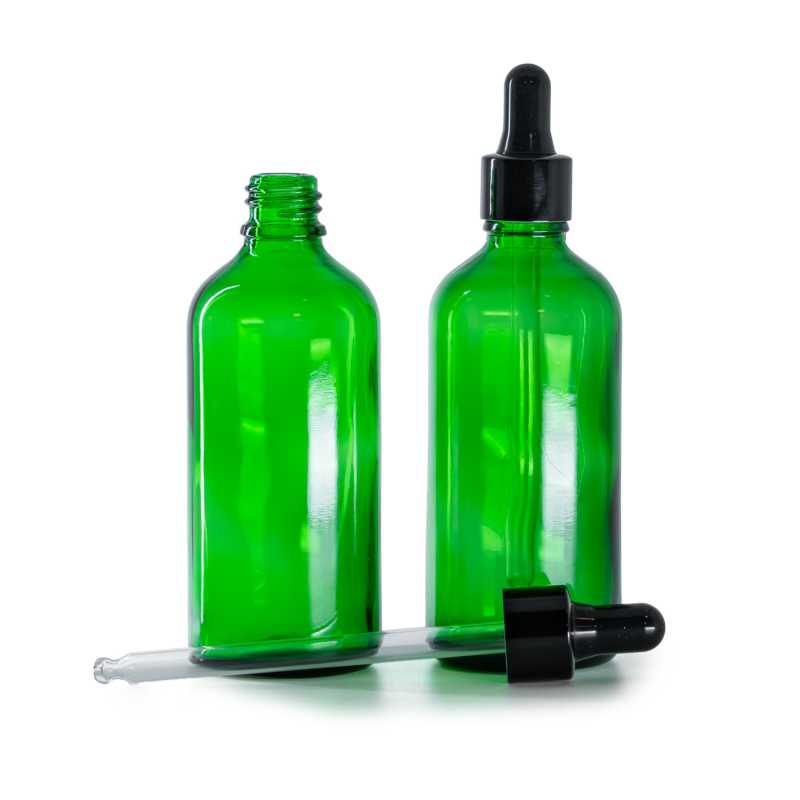 Botella de vidrio, verde, cuentagotas negro brillante, 100 ml