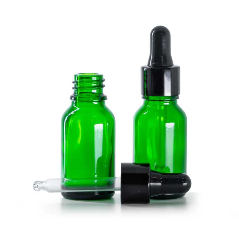 Frasco de vidrio, verde, cuentagotas negro brillante, 15 ml
