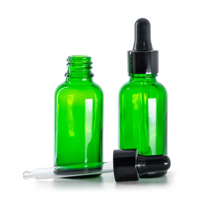 Botella de vidrio, verde, gotero negro brillante, 30 ml