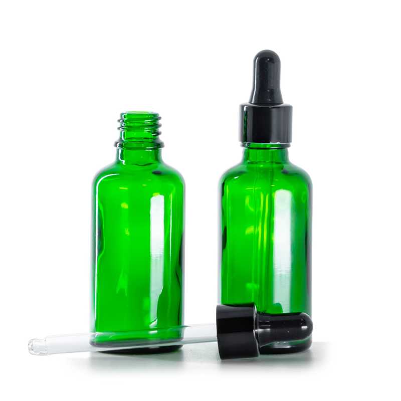 Frasco de vidrio, verde, cuentagotas negro brillante, 50 ml