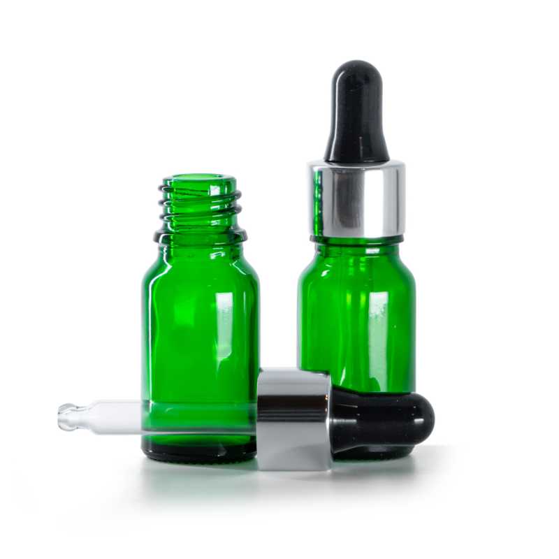 Frasco de vidrio, verde, cuentagotas negro plateado, 10 ml