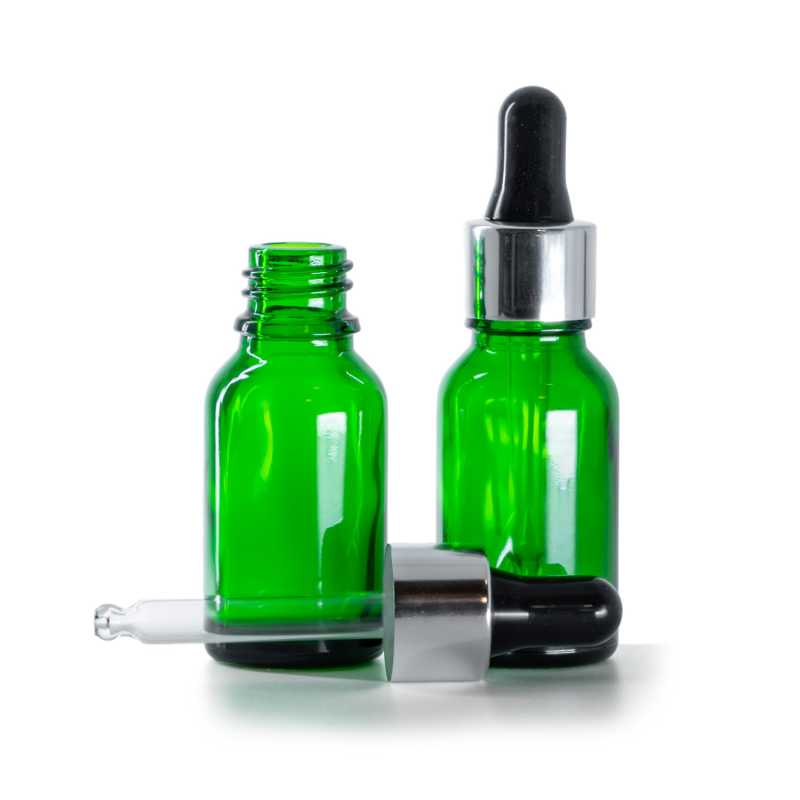 Botella de vidrio, verde, cuentagotas negro plateado, 15 ml