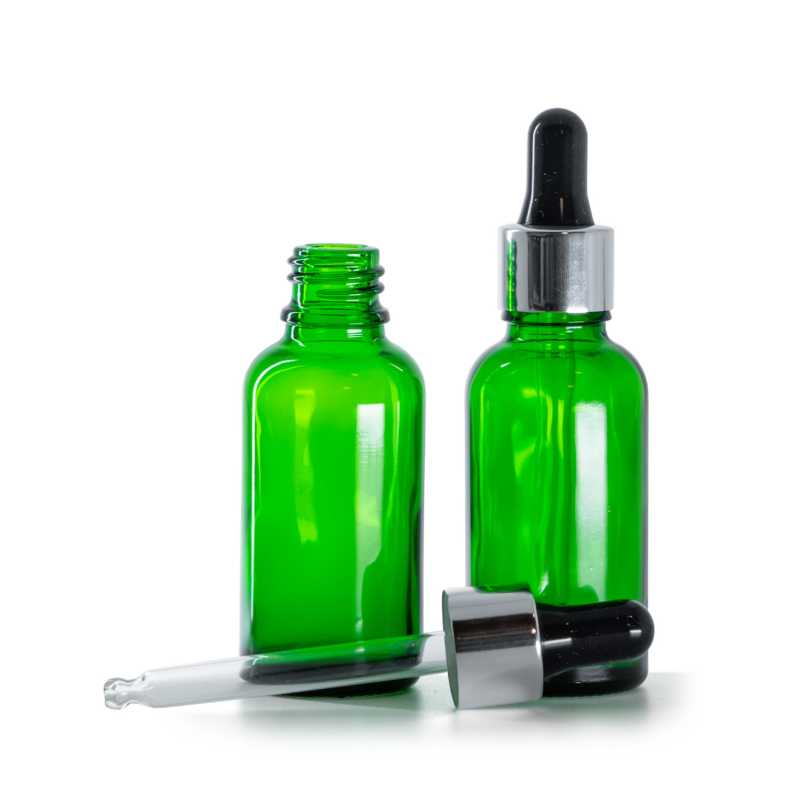 Frasco de vidrio, verde, cuentagotas negro plateado, 30 ml
