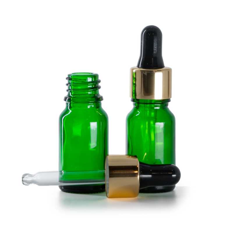 Botella de vidrio, verde, cuentagotas negro dorado, 10 ml