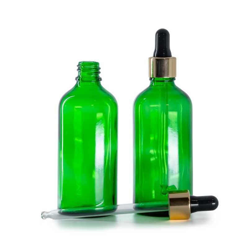 Botella de vidrio, verde, cuentagotas negro y dorado, 100 ml