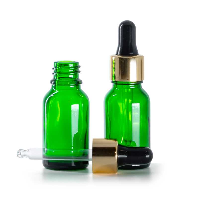 Botella de vidrio, verde, cuentagotas negro y dorado, 15 ml