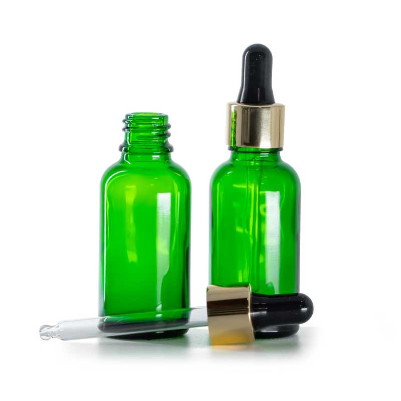 Frasco de vidrio, verde, cuentagotas negro y dorado, 30 ml