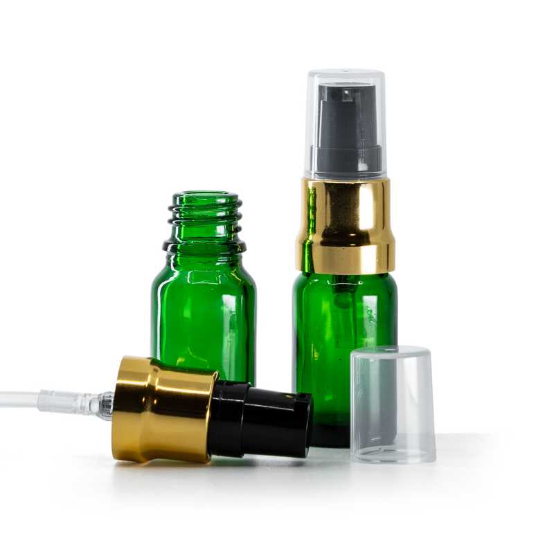 Botella de vidrio, verde, dosificador negro dorado brillante con tapa transparente, 10 ml