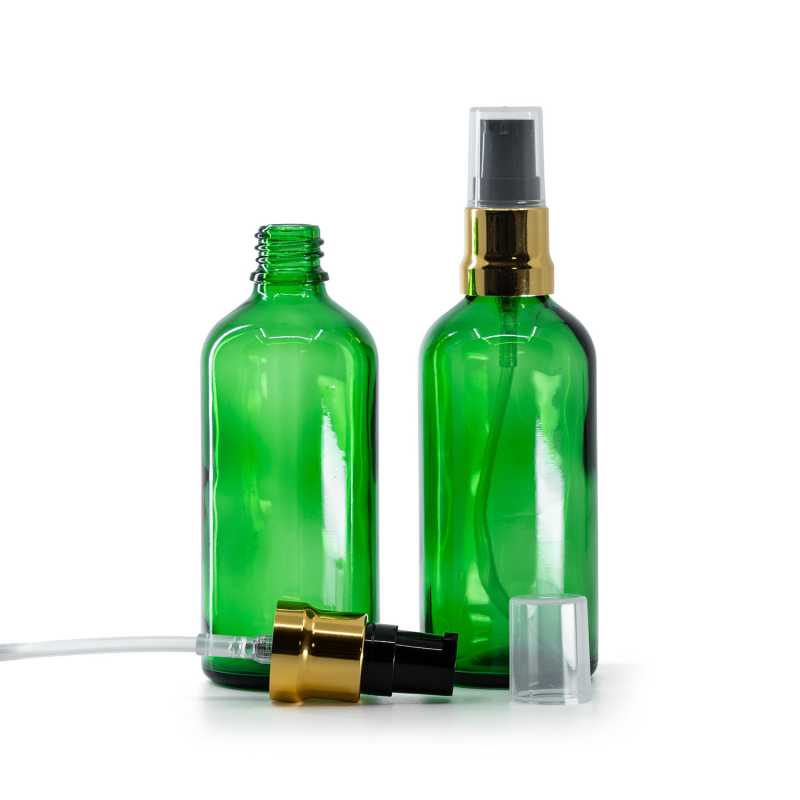 Botella de vidrio, verde, dispensador negro dorado brillante con tapón transparente, 100 ml