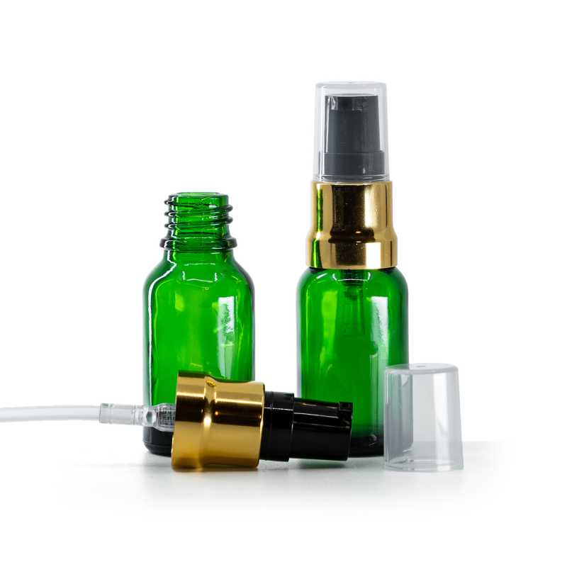 Botella de vidrio, verde, bomba negro dorado brillante, tapón transparente, 15 ml