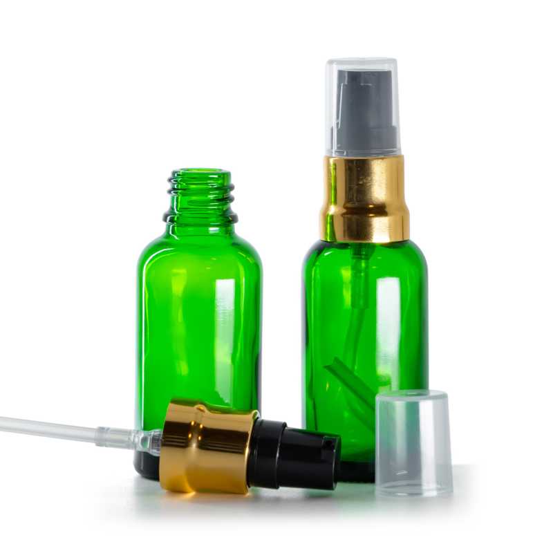 Botella de vidrio, verde, dispensador negro dorado brillante con tapón transparente, 30 ml