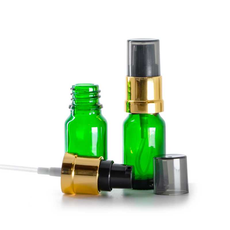 Frasco de vidrio verde, dispensador negro y dorado brillante con sobretapa ahumada, 10 ml
