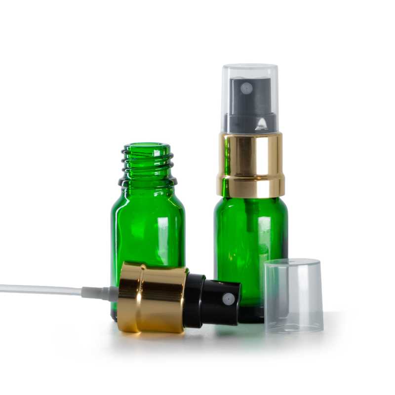 Botella de vidrio, verde, pulverizador negro dorado brillante, 10 ml