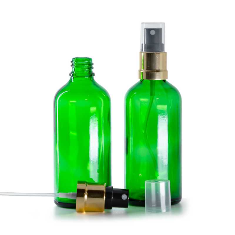 Botella de vidrio, verde, pulverizador negro y dorado, 100 ml