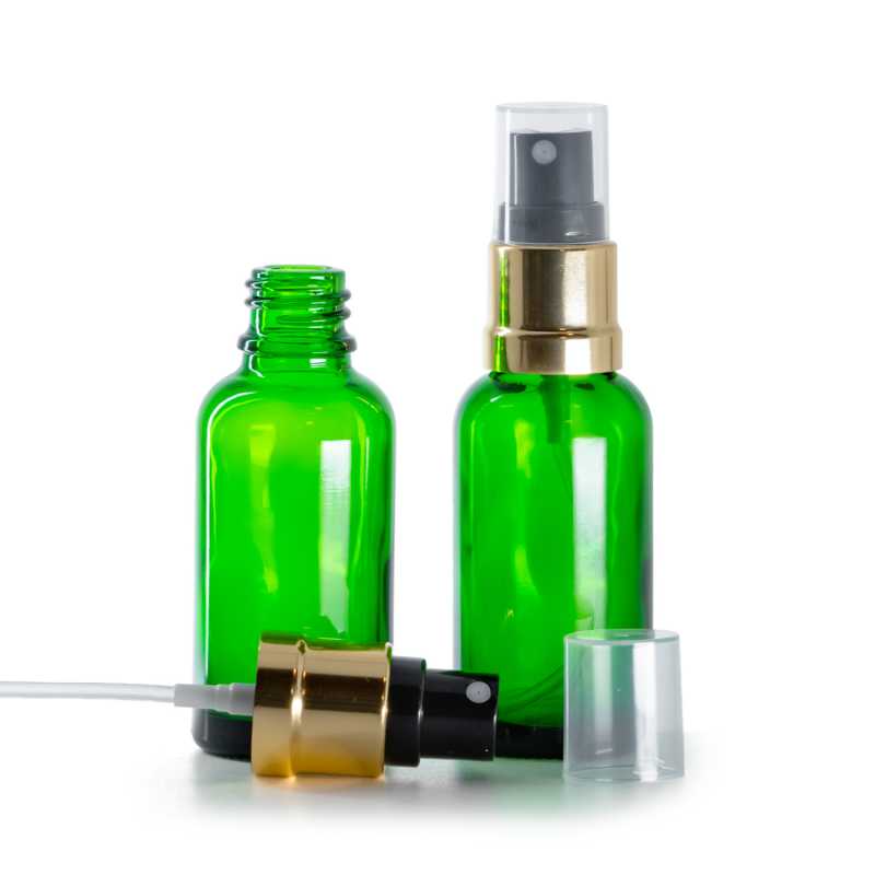 Botella de vidrio, verde, pulverizador negro dorado brillante, 30 ml