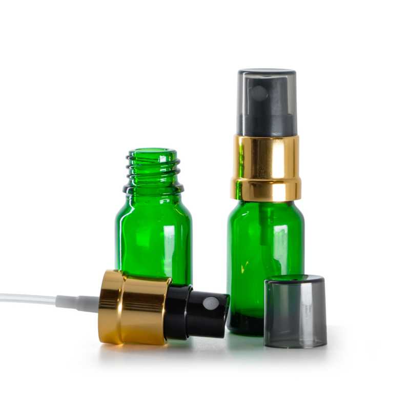 Frasco de vidrio verde, pulverizador negro y dorado, sobretapa ahumada, 10 ml