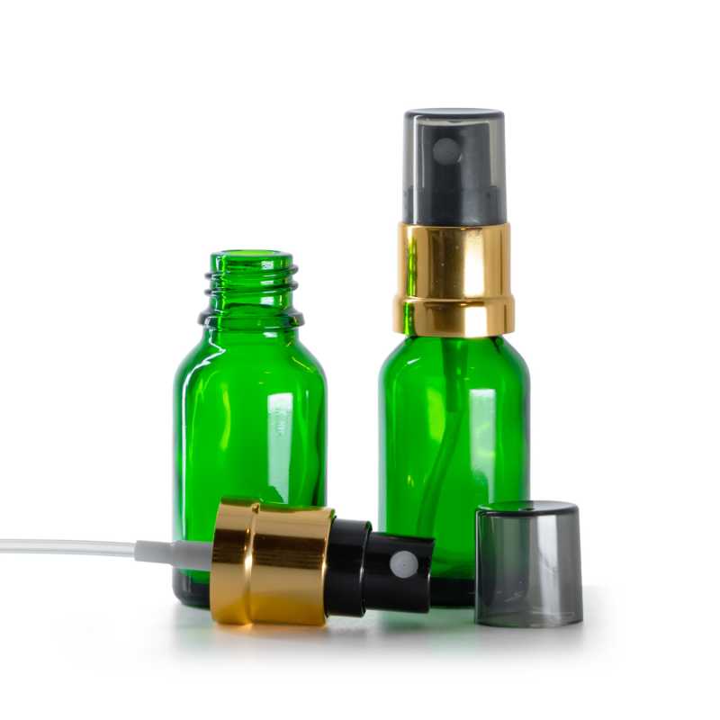 Frasco de vidrio verde, pulverizador negro y dorado, sobretapa ahumada, 15 ml