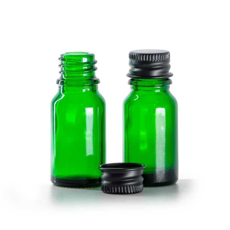 Botella de vidrio, verde, tapón de aluminio negro, 10 ml