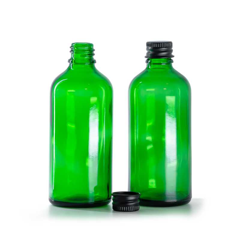 Botella de vidrio, verde, tapón de aluminio negro, 100 ml