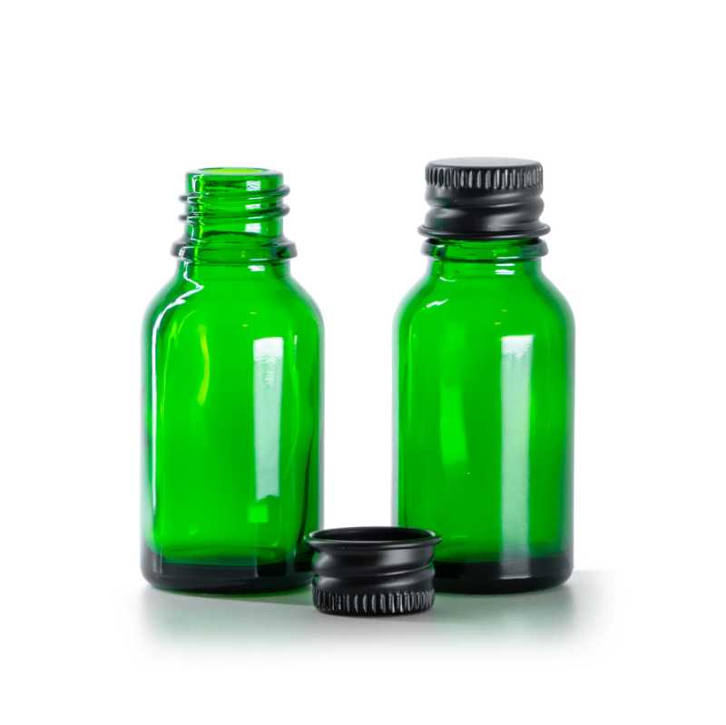 Botella de vidrio, verde, tapón de aluminio negro, 15 ml