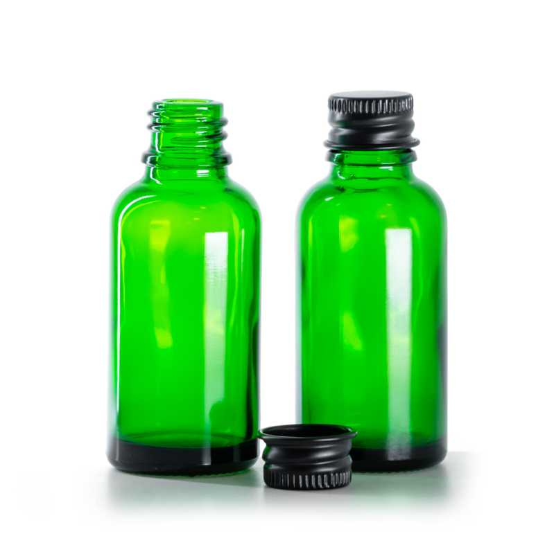 Botella de vidrio, verde, tapón de aluminio negro, 30 ml